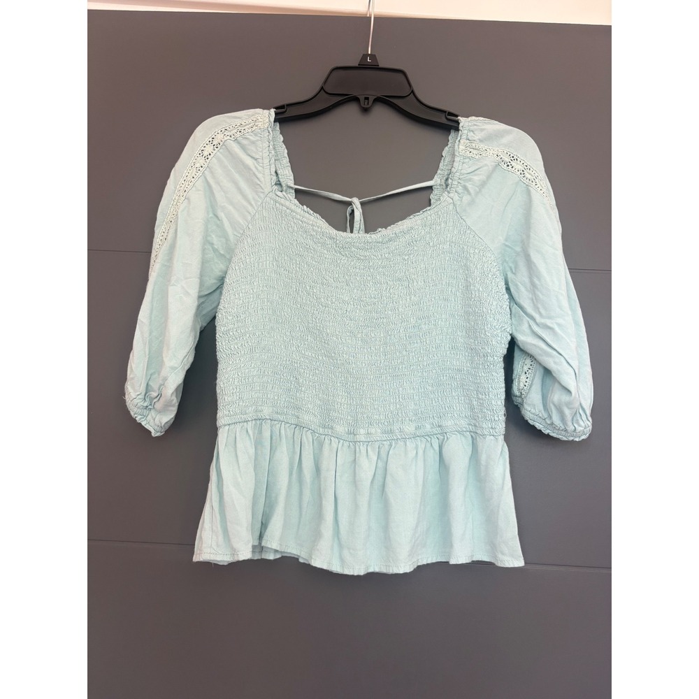 Japan  Light Blue Smocked Peplum Top‎ 3/4 Sleeve Lace Detail Square Neck Large